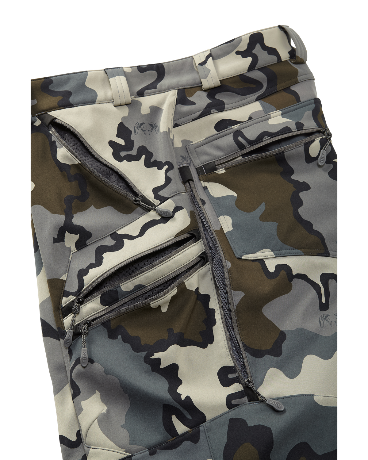 Side of Axis Hybrid Pants in Vias Camouflage Highlighting YKK Zippered Pockets and Hip Vent