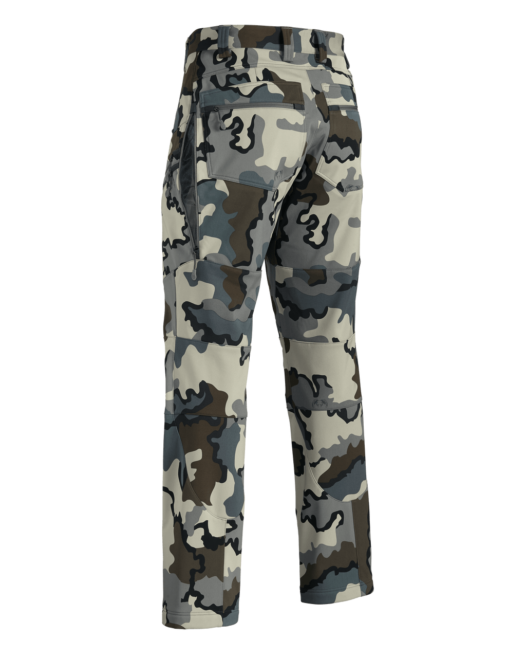 Rear, Angled View of Axis Hybrid Pants in Vias Camouflage Highlighting Open YKK Zippered Hip Vent