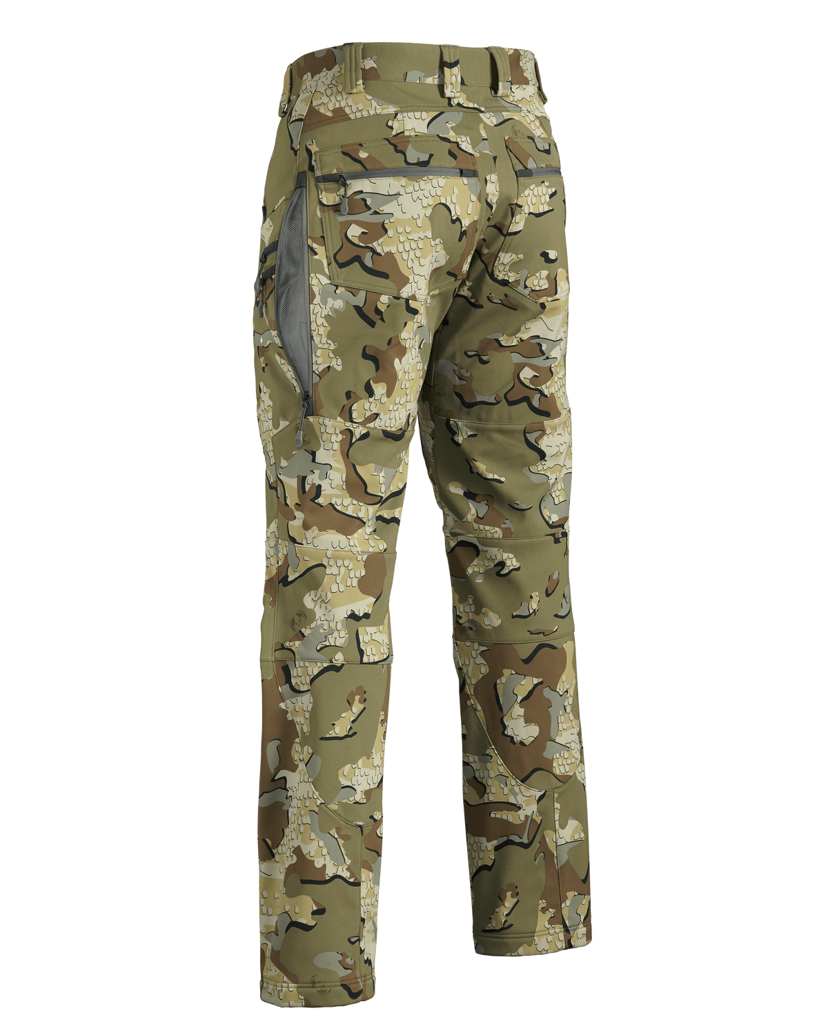 Rear, Angled View of Axis Hybrid Pants in Valo Camouflage Highlighting Open YKK Zippered Hip Vent
