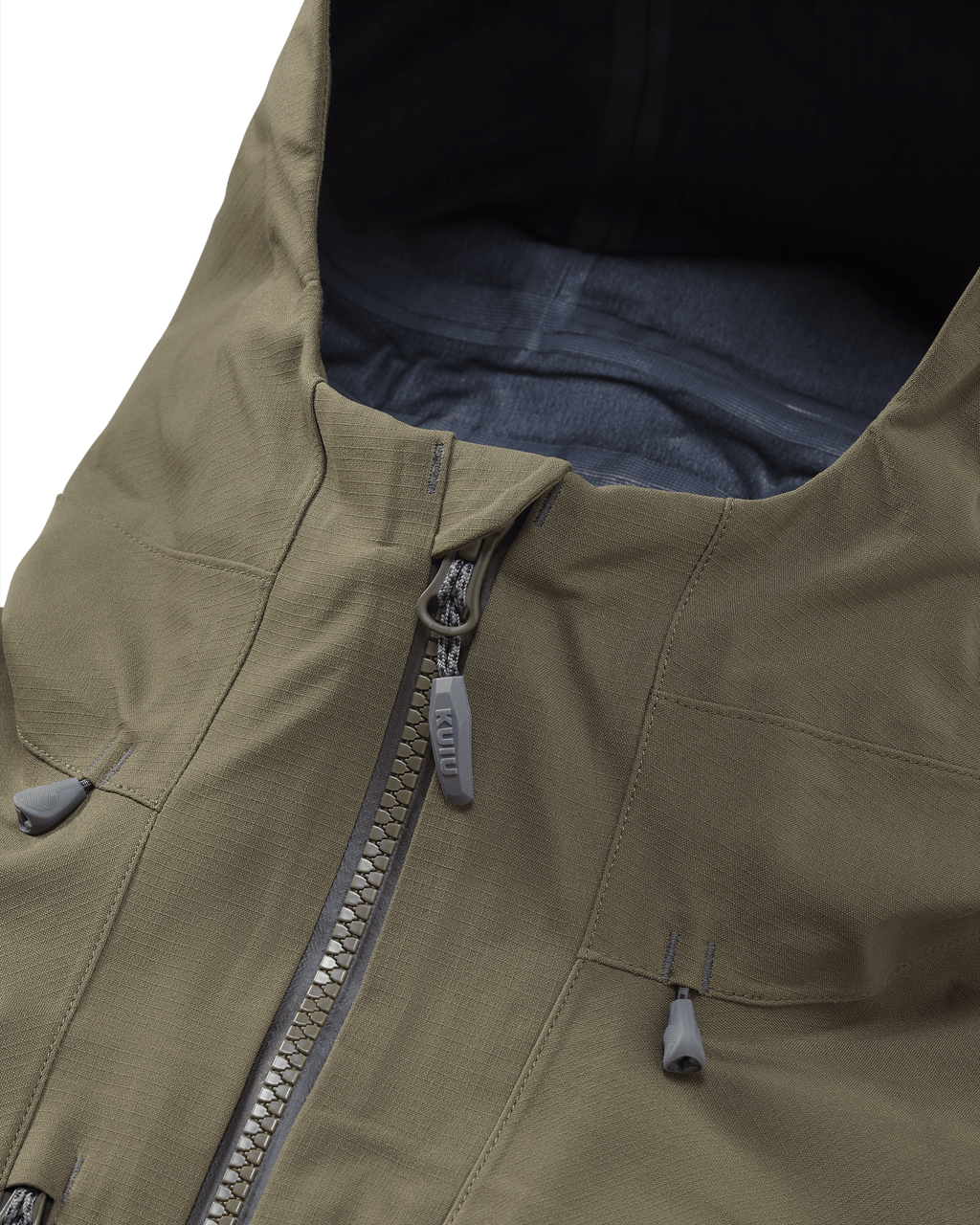 Front of Kutana Storm Shell Jacket in Ash Brown Color, Highlighing the front zipper