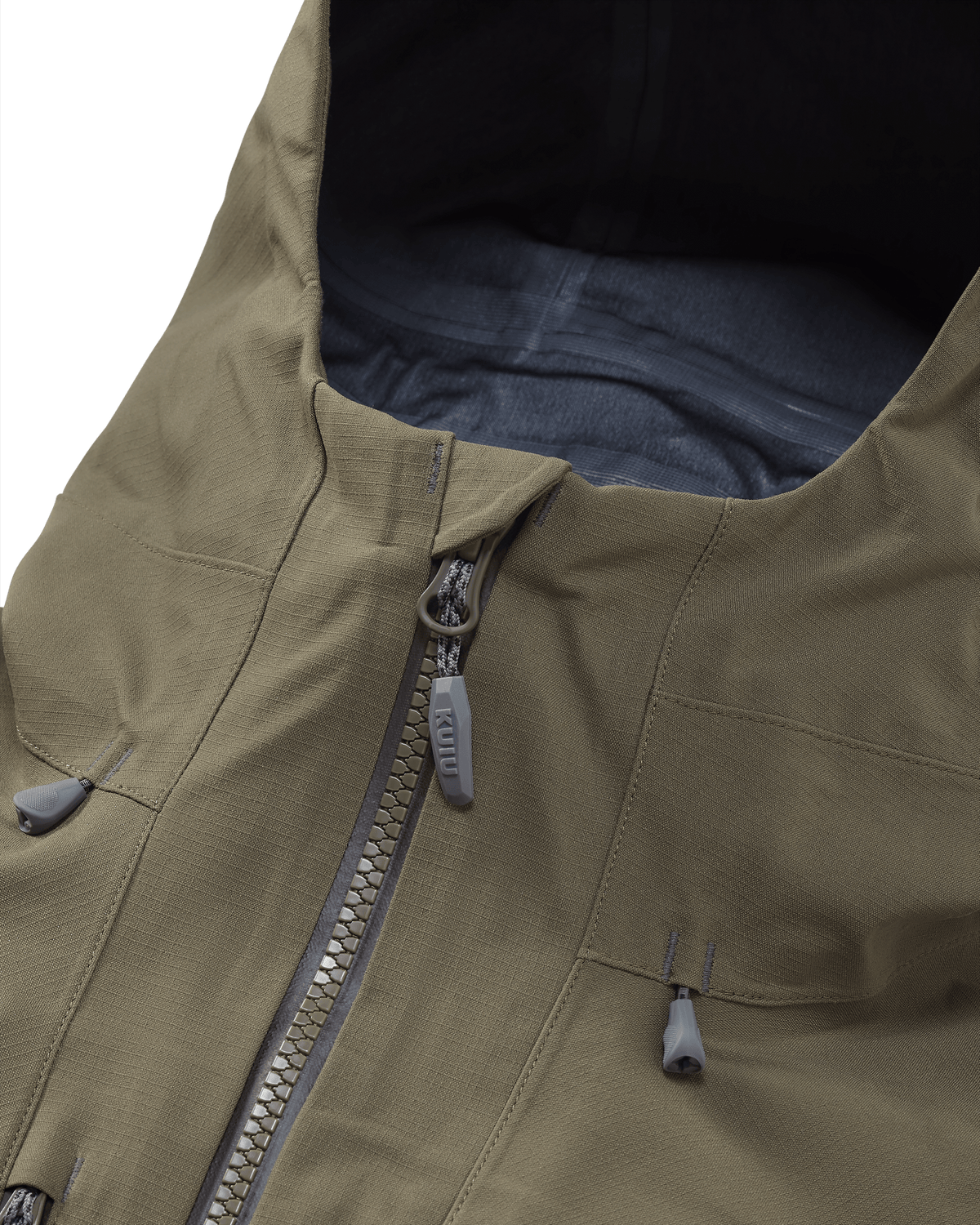 Front of Kutana Storm Shell Jacket in Ash Brown Color, Highlighing the front zipper