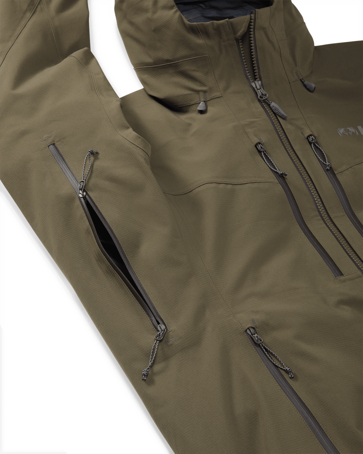 Kutana Storm Shell Jacket in Ash Brown, Highlighting pit zips and front chest pockets