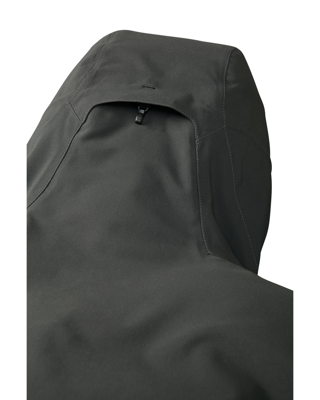 Back of Kutana Storm Shell Jacket in Gunmetal Grey, Highlighting the adjustable back hood