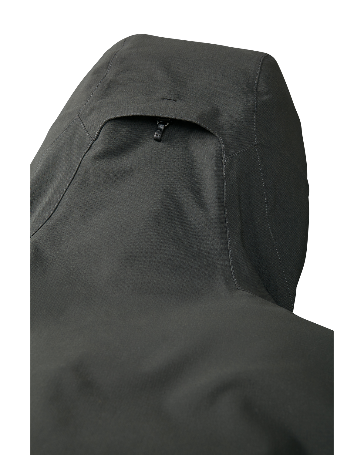 Back of Kutana Storm Shell Jacket in Gunmetal Grey, Highlighting the adjustable back hood