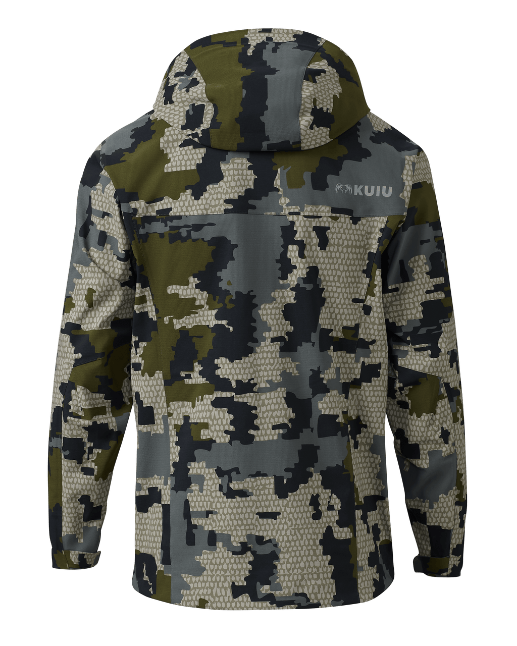 Back of of KUIU Kutana Storm Shell Jacket in Verde Camouflage