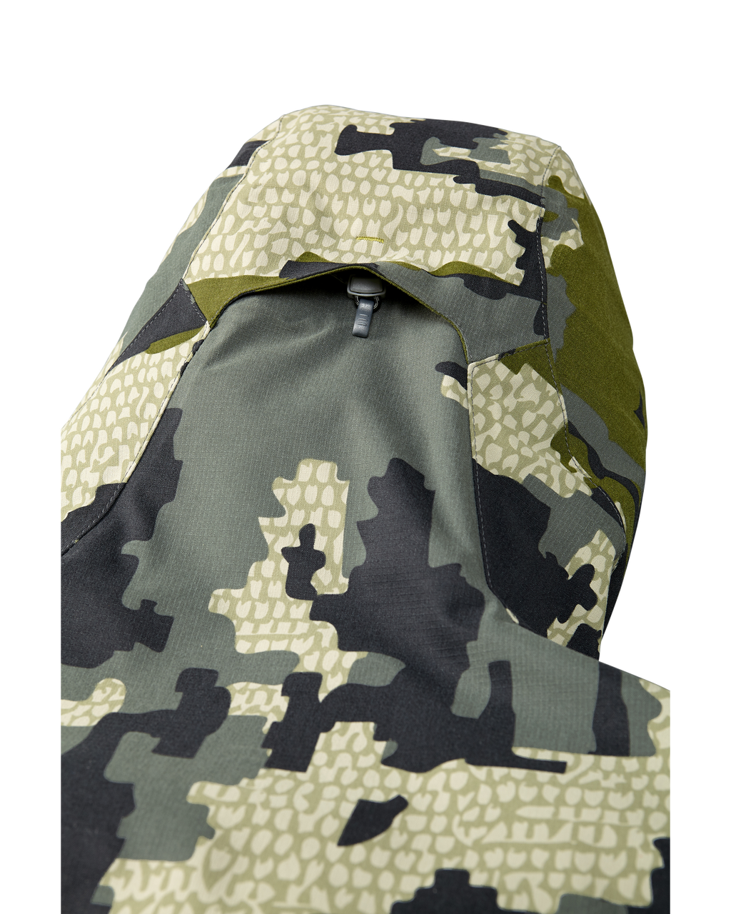 Back of Kutana Storm Shell Jacket in Verde Camouflage Color showcasing the hood