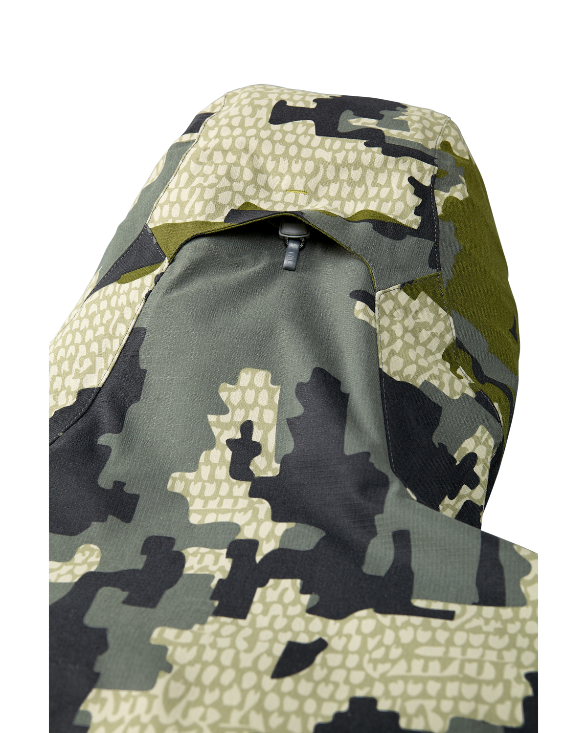 Back of Kutana Storm Shell Jacket in Verde Camouflage Color showcasing the hood