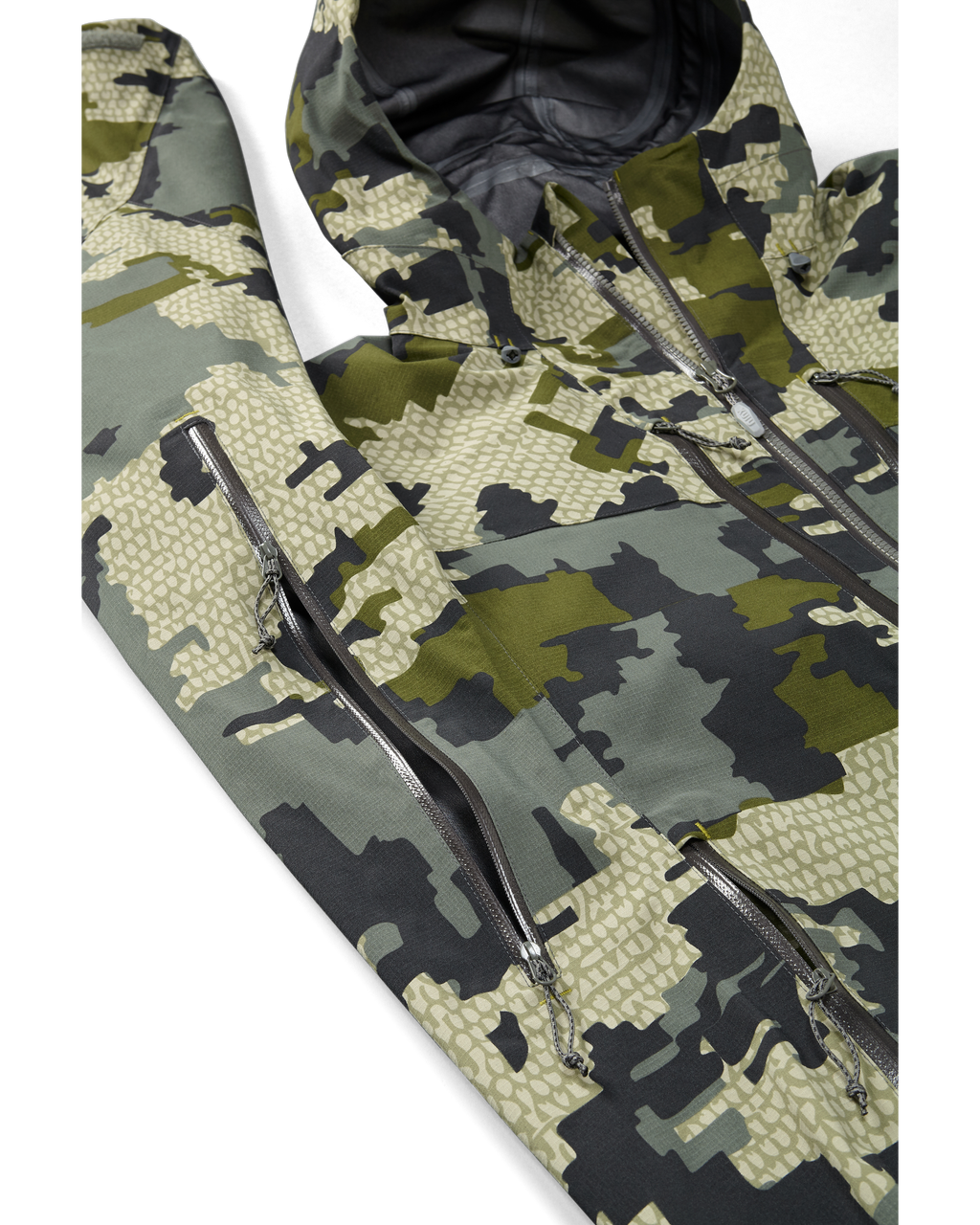 Kutana Storm Shell Jacket in Verde Camouflage Color showcasing pit zips and chest pocketing