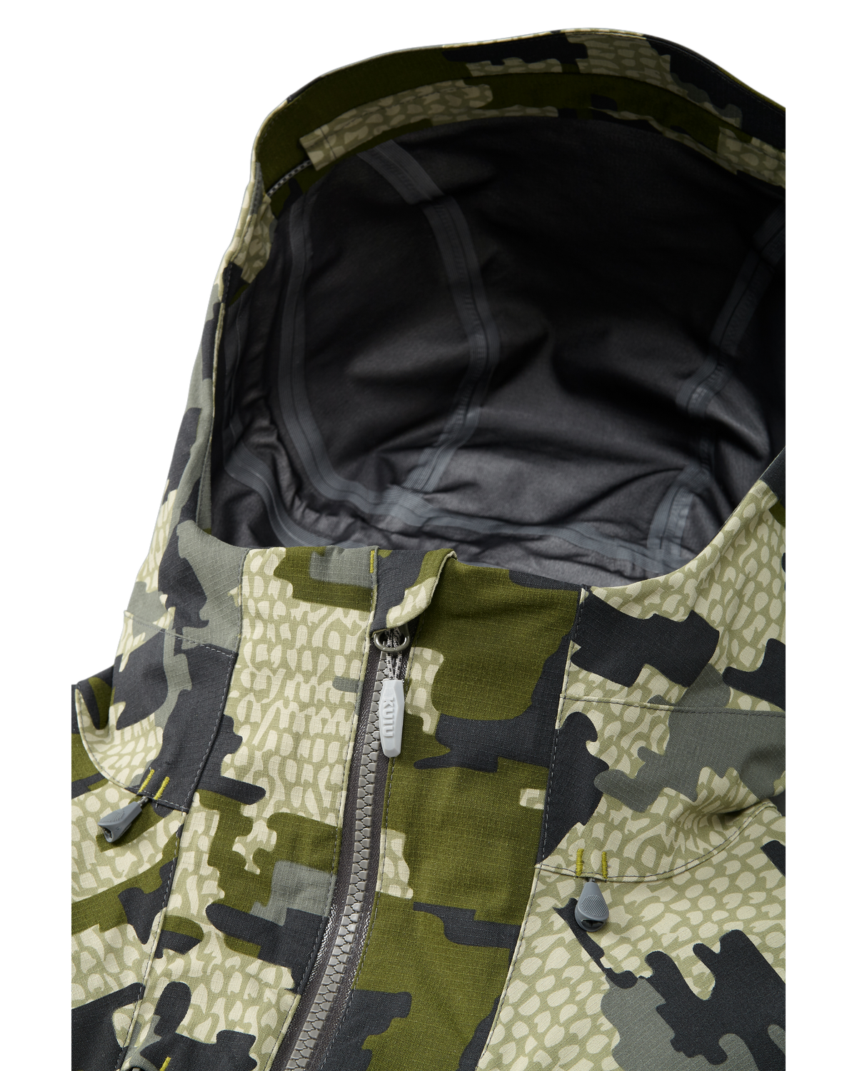 Front of Kutana Storm Shell Jacket in Verde Camouflage Color showcasing the hood