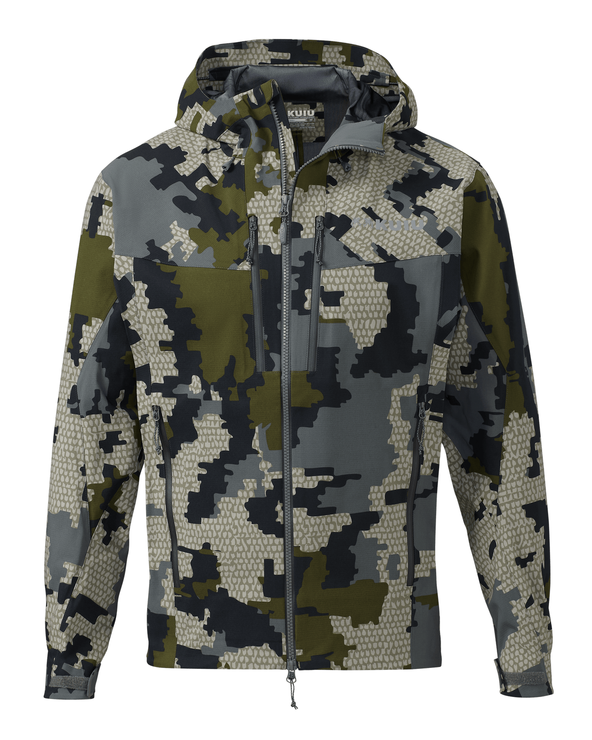 Front of KUIU Kutana Storm Shell Jacket in Verde Camouflage