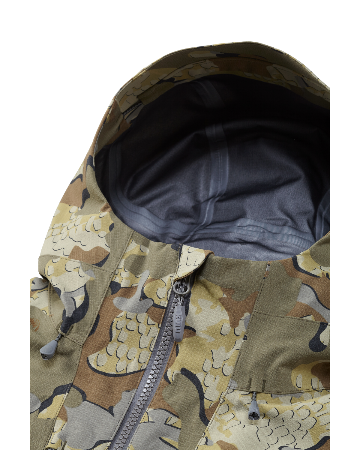 Front of Kutana Storm Shell Jacket in Valo Camouflage Color showcasing the hood