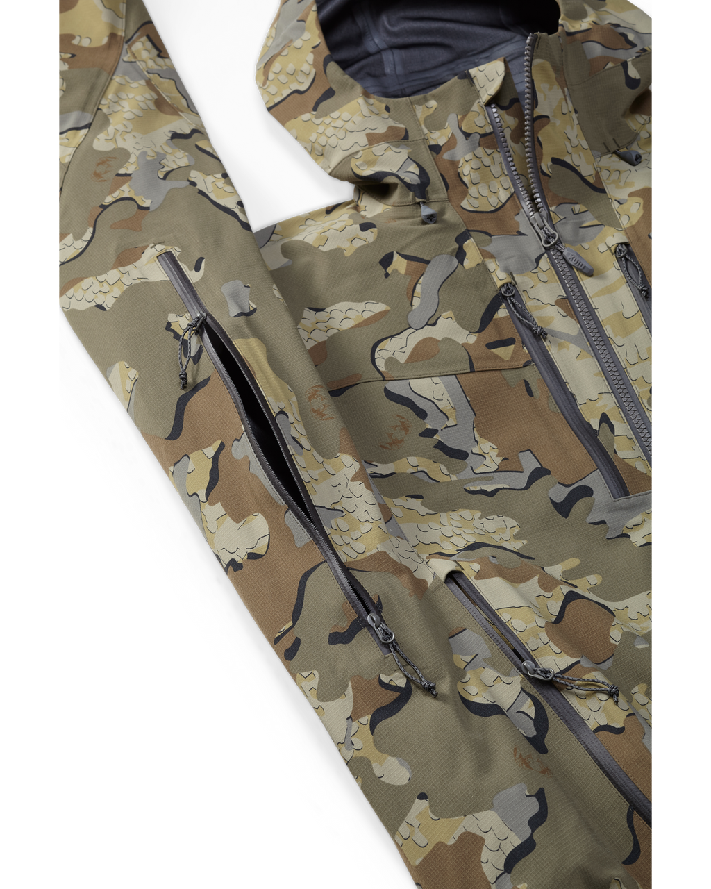 Kutana Storm Shell Jacket in Valo Camouflage Color showcasing pit zips and chest pocketing