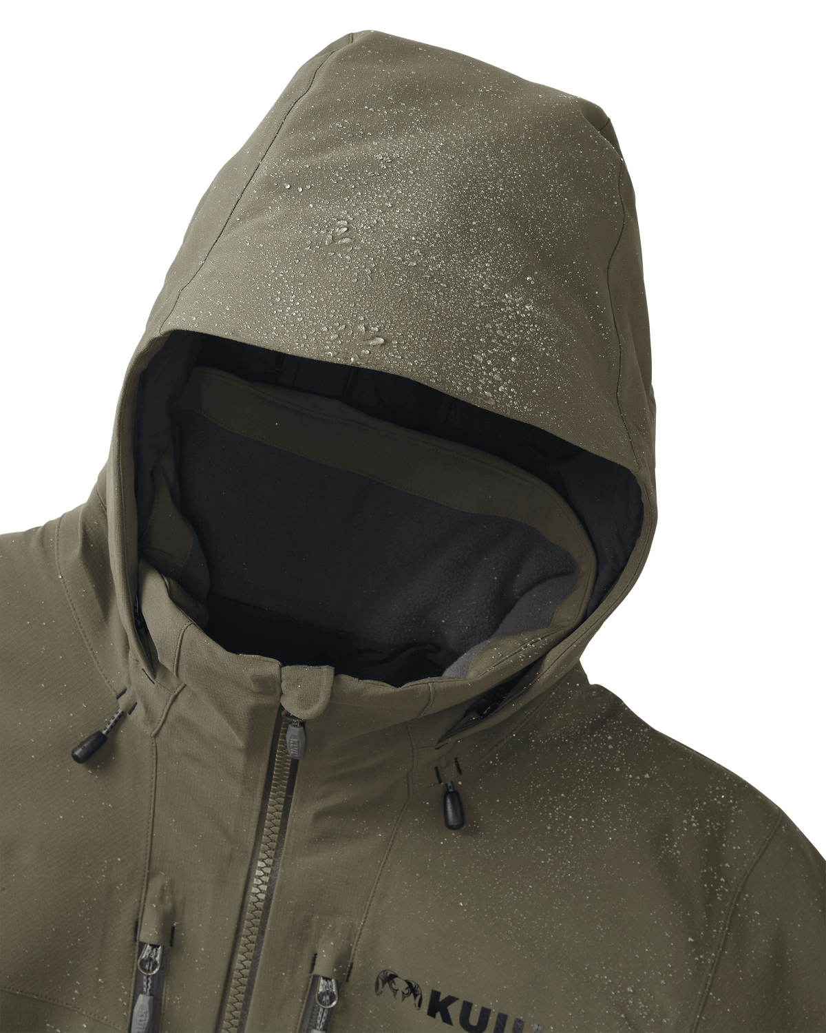Close-up detail of hood on the KUIU Kutana Gale Force Hooded Jacket in Ash Brown, Showcasing the jacket's DWR finish with water droplets