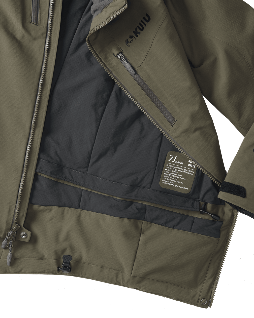 Close-up detail of interior lining on the Kutana Gale Force Hooded Jacket in Ash Brown