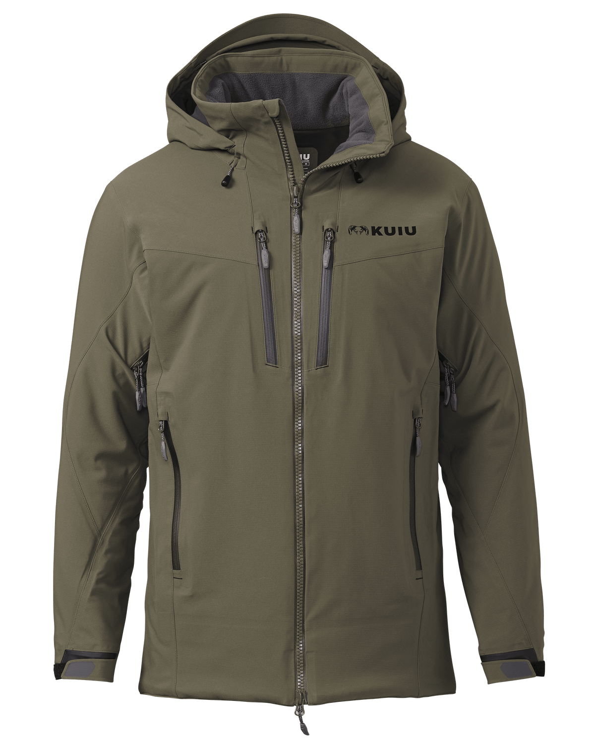 Front of KUIU Kutana Gale Force Hooded Jacket in Ash Brown