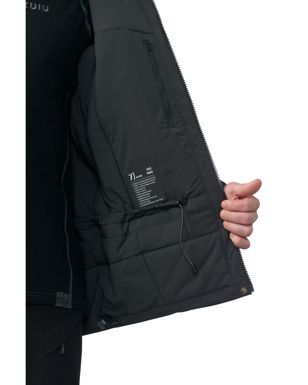 Inside panel of the Kutana Gale Force Hooded Jacket in Gunmetal