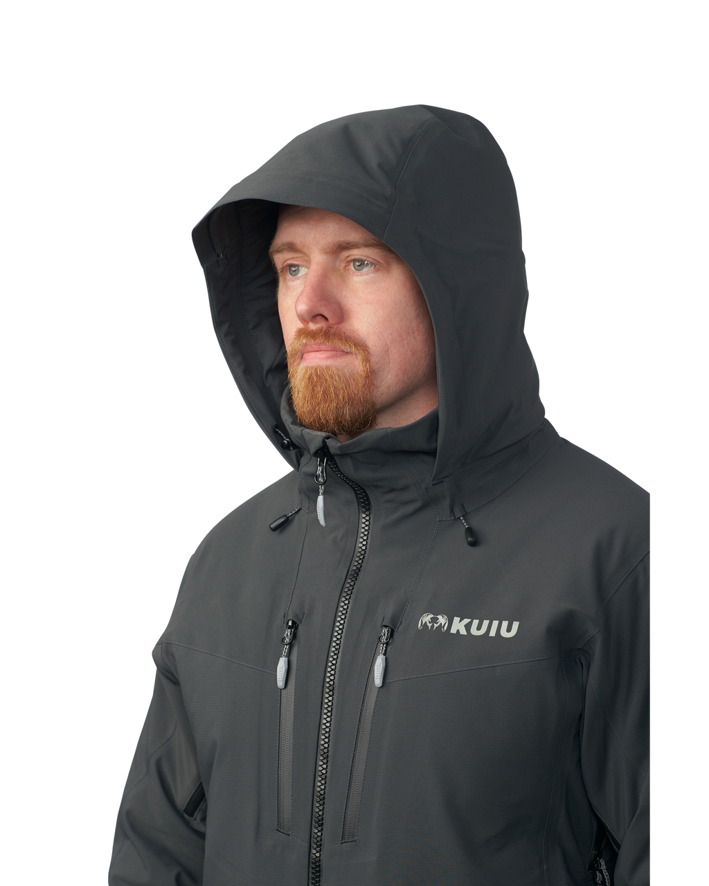 Hunter wearing hood up on the Kutana Gale Force Hooded Jacket in Gunmetal