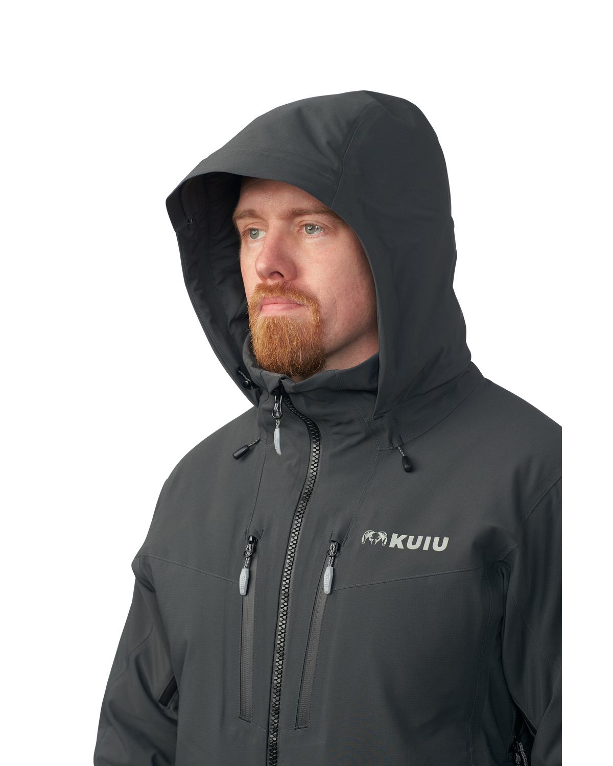 Hunter wearing hood up on the Kutana Gale Force Hooded Jacket in Gunmetal