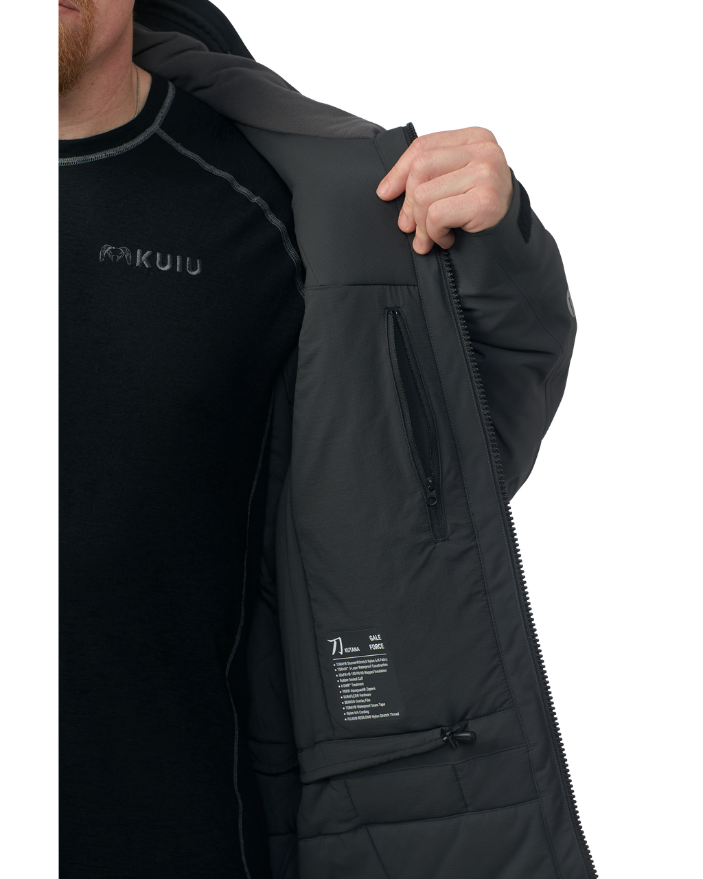 Inside panel of the Kutana Gale Force Hooded Jacket in Gunmetal with inside zipper open