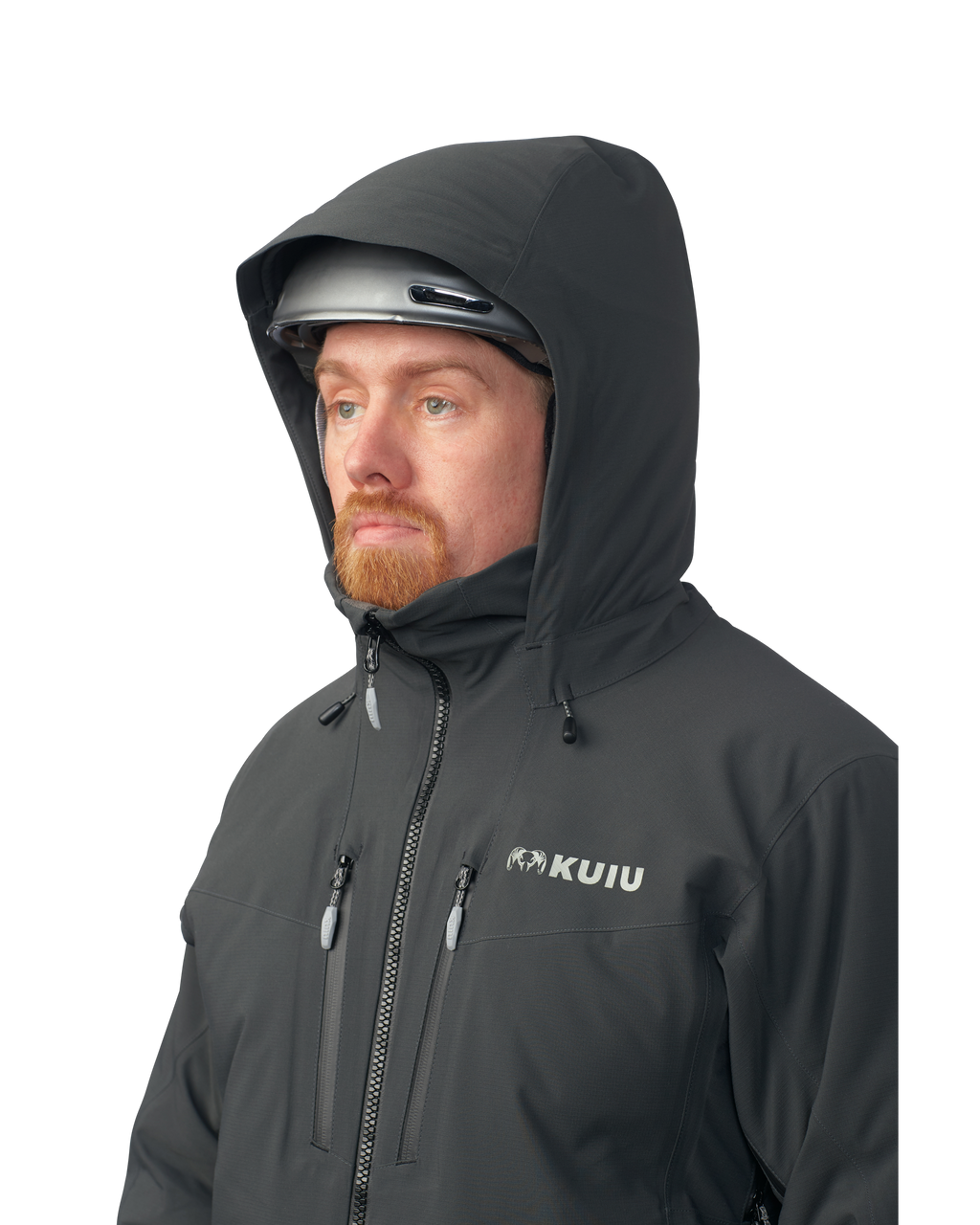 Hunter wearing helmet and hood on the Kutana Gale Force Hooded Jacket in Gunmetal