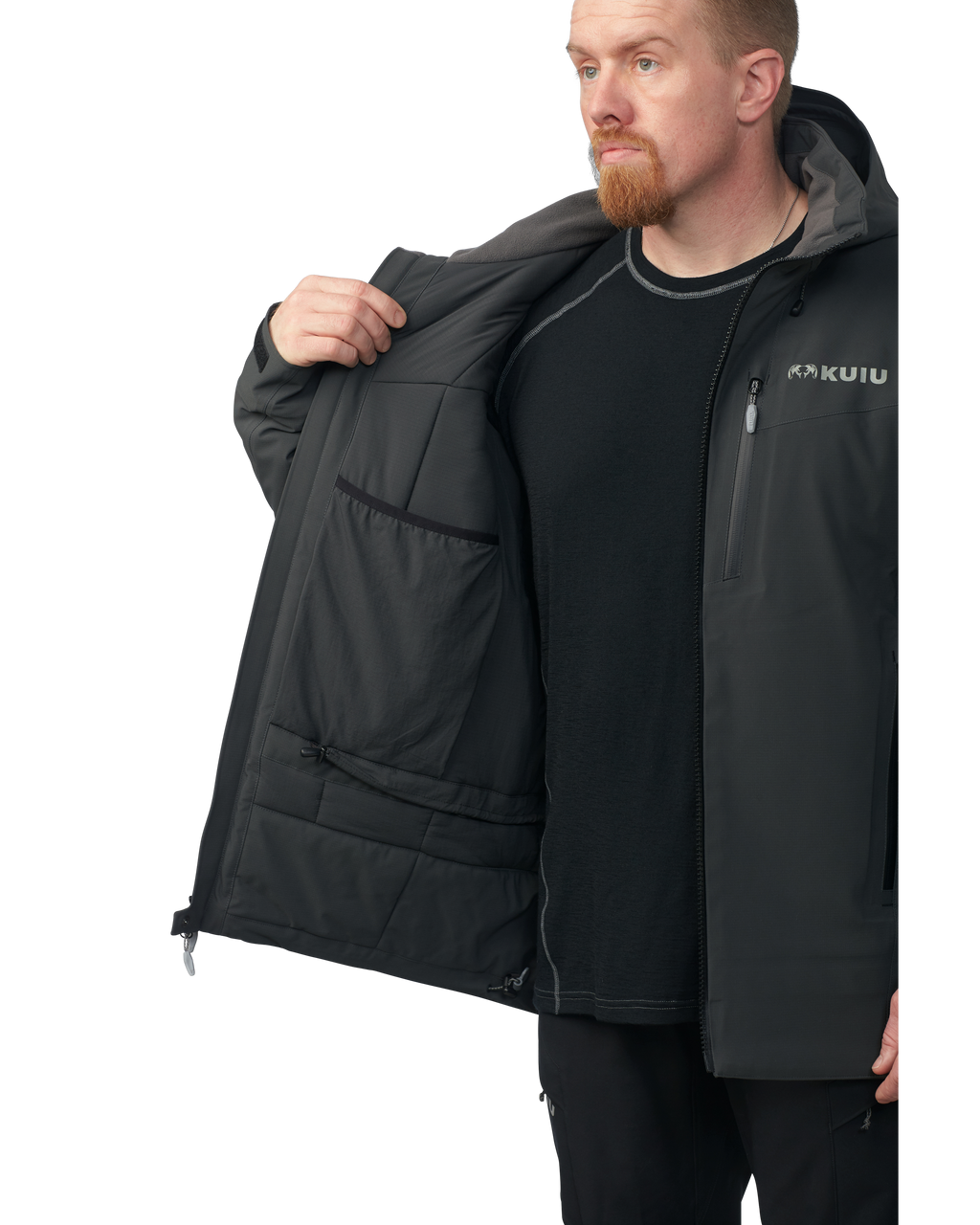 Inside panel of the Kutana Gale Force Hooded Jacket in Gunmetal