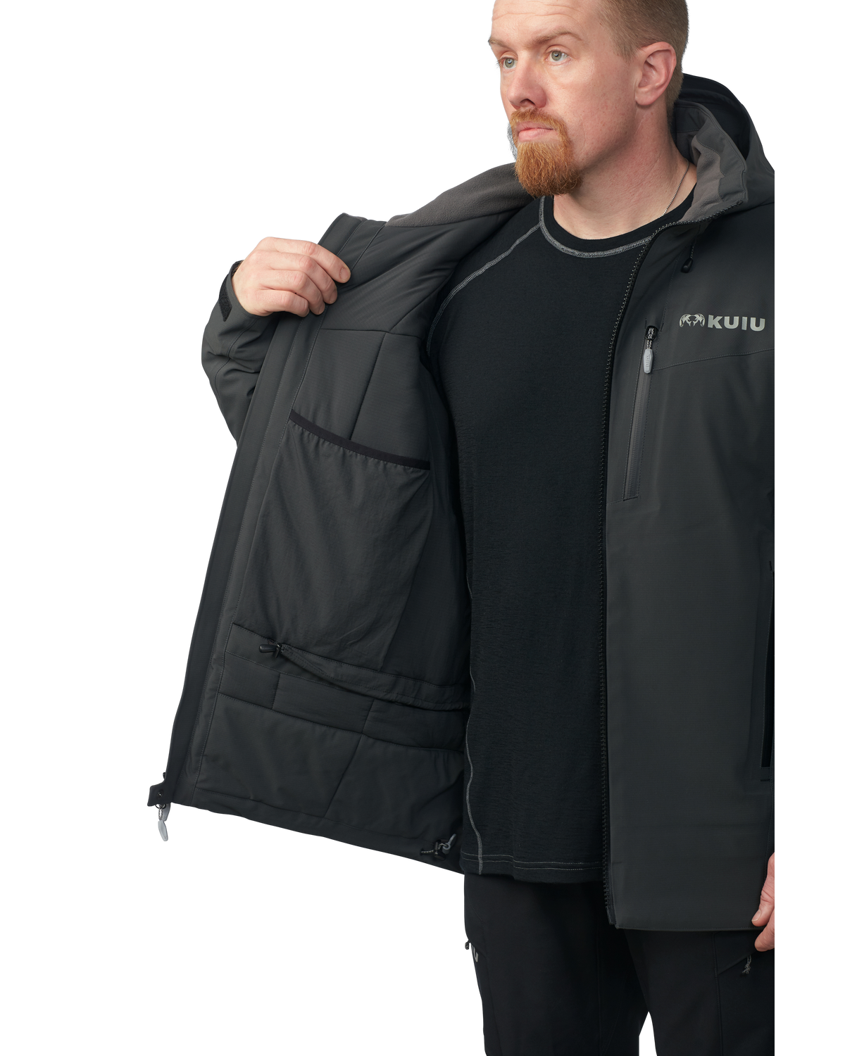 Inside panel of the Kutana Gale Force Hooded Jacket in Gunmetal