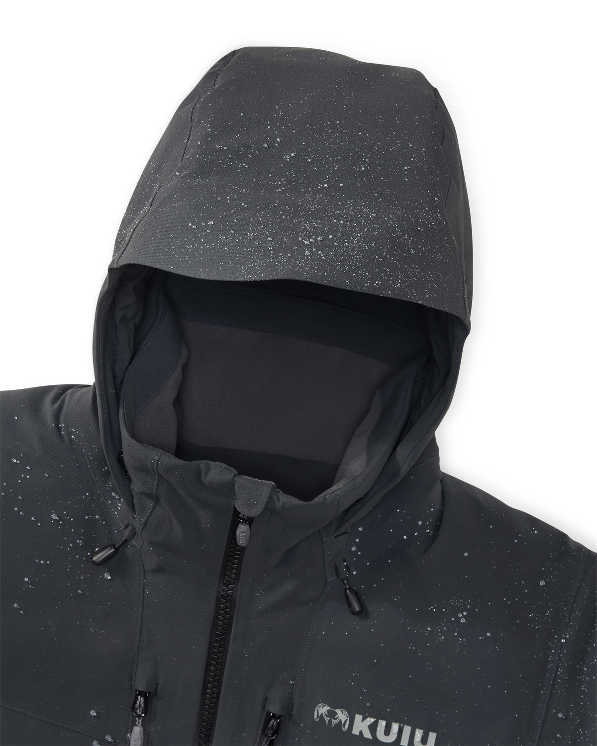 Close-up detail of hood on the KUIU Kutana Gale Force Hooded Jacket in Gunmetal Grey, Showcasing the jacket's DWR finish with water droplets