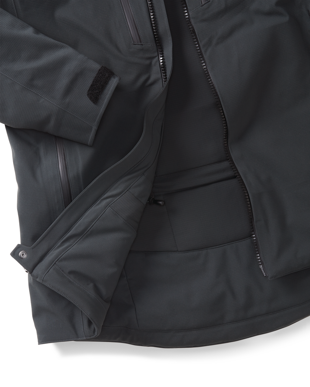 Close-up detail of interior lining on the Kutana Gale Force Hooded Jacket in Gunmetal Grey