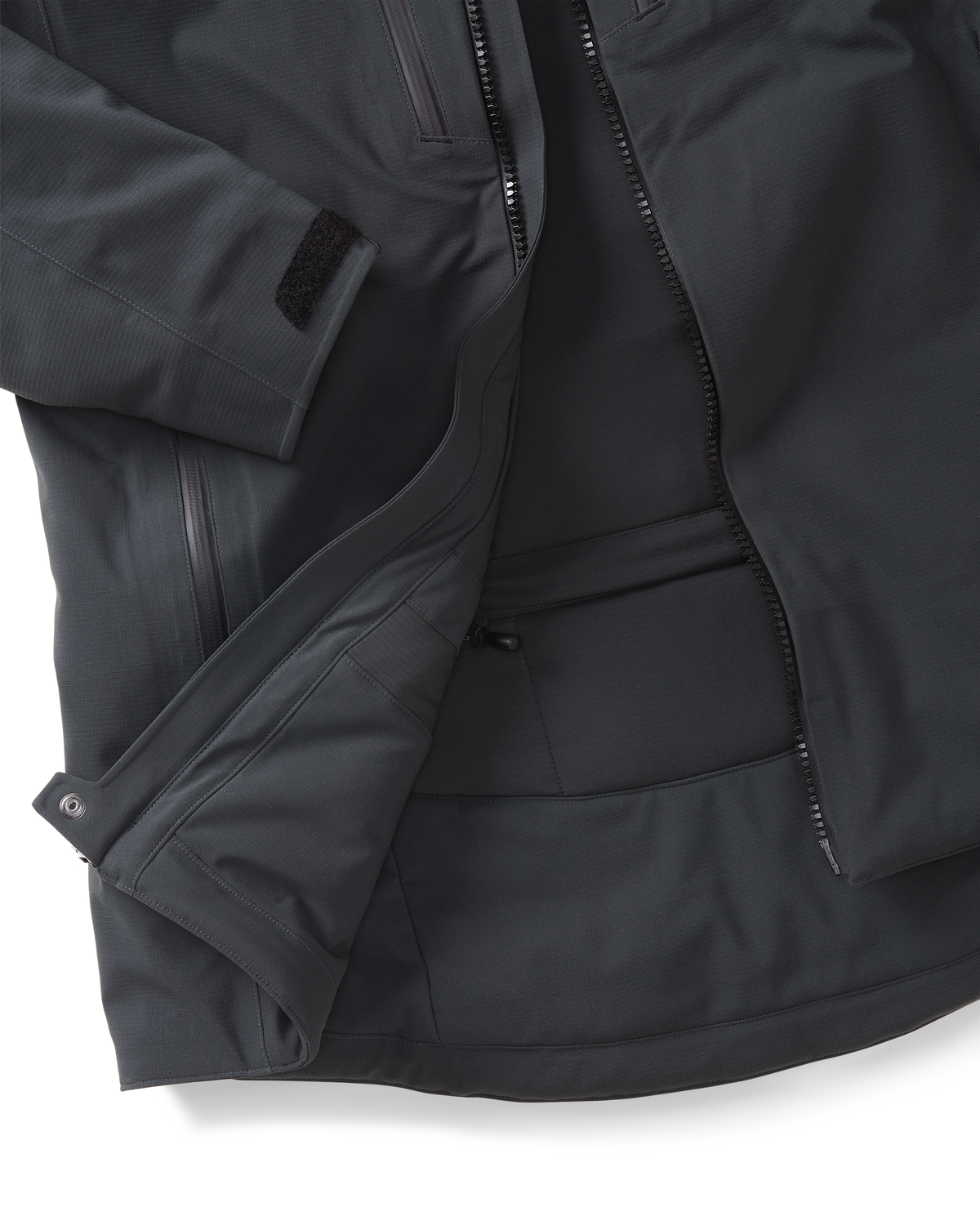 Close-up detail of interior lining on the Kutana Gale Force Hooded Jacket in Gunmetal Grey