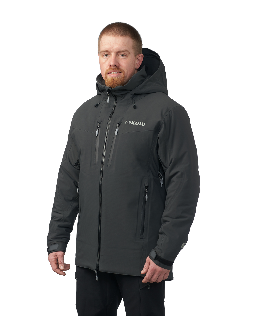 Front of Kutana Gale Force Hooded Jacket in Gunmetal