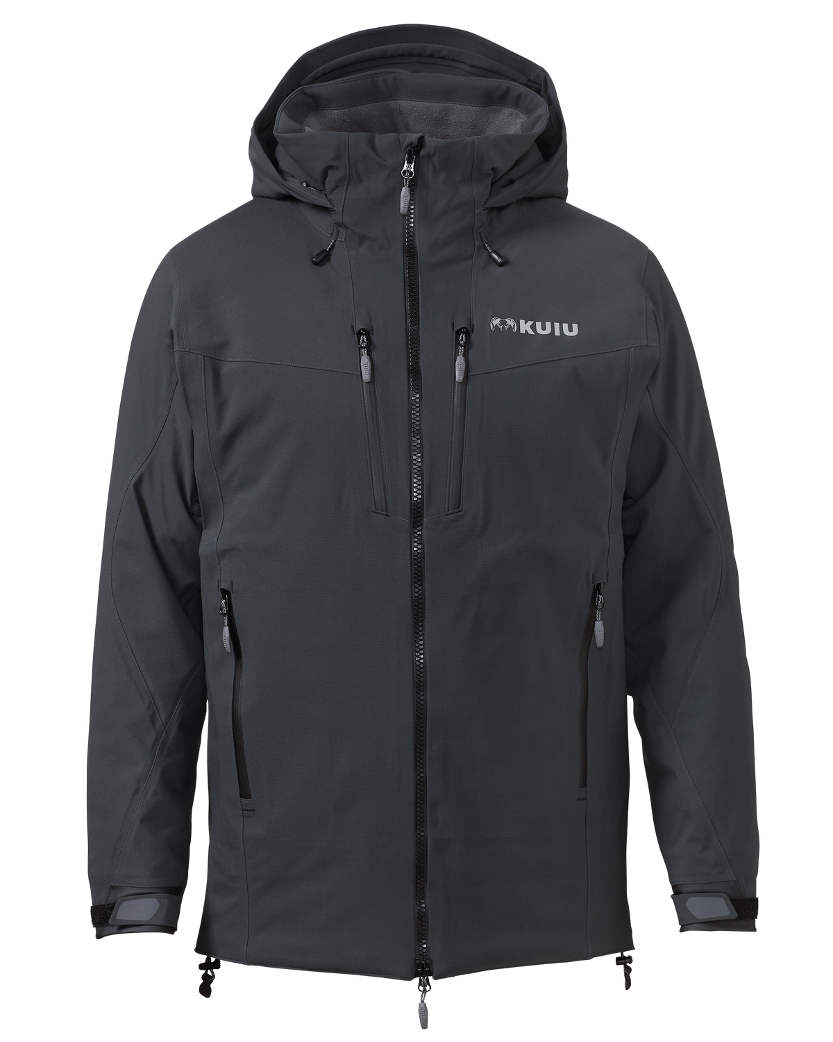 Front of KUIU Kutana Gale Force Hooded Jacket in Gunmetal Grey