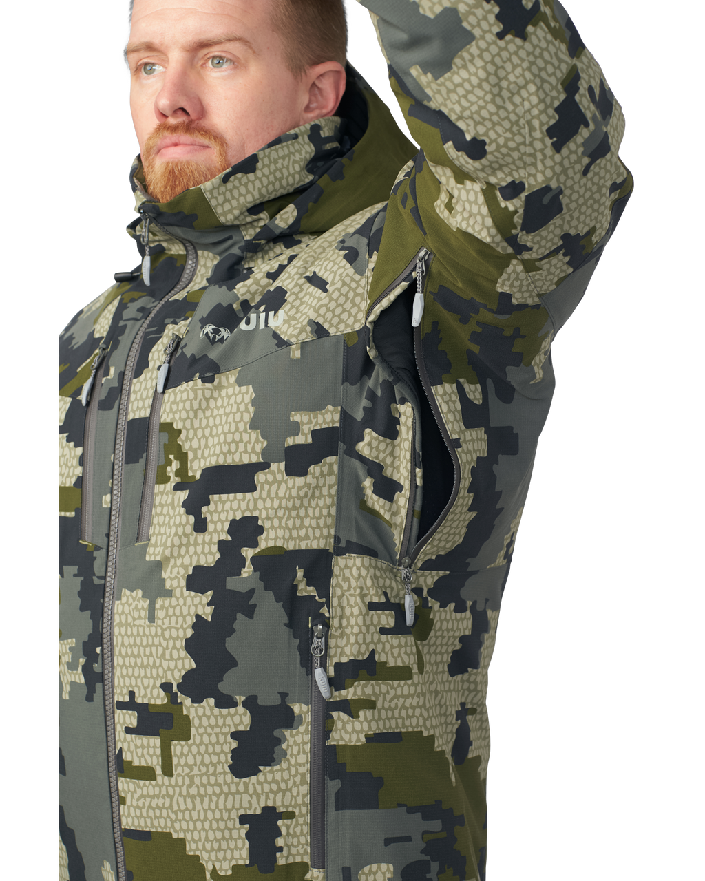 Inside panel of the Kutana Gale Force Hooded Jacket in Verde Camouflage