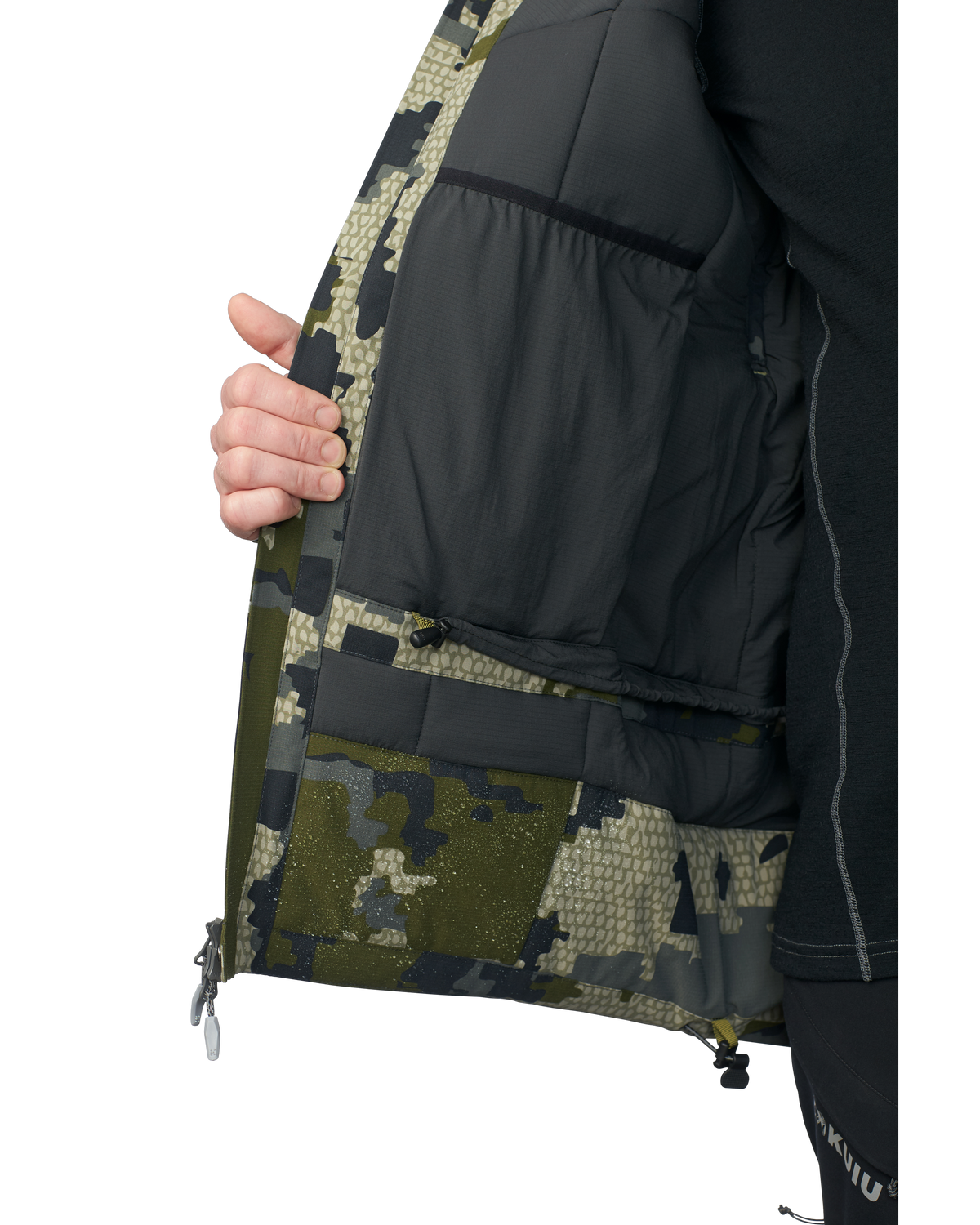 Hunter wearing hood up on the Kutana Gale Force Hooded Jacket in Verde Camouflage