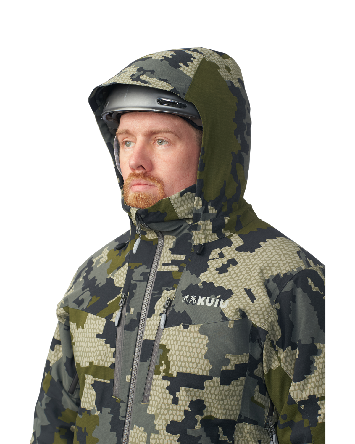 Inside panel of the Kutana Gale Force Hooded Jacket in Verde Camouflage