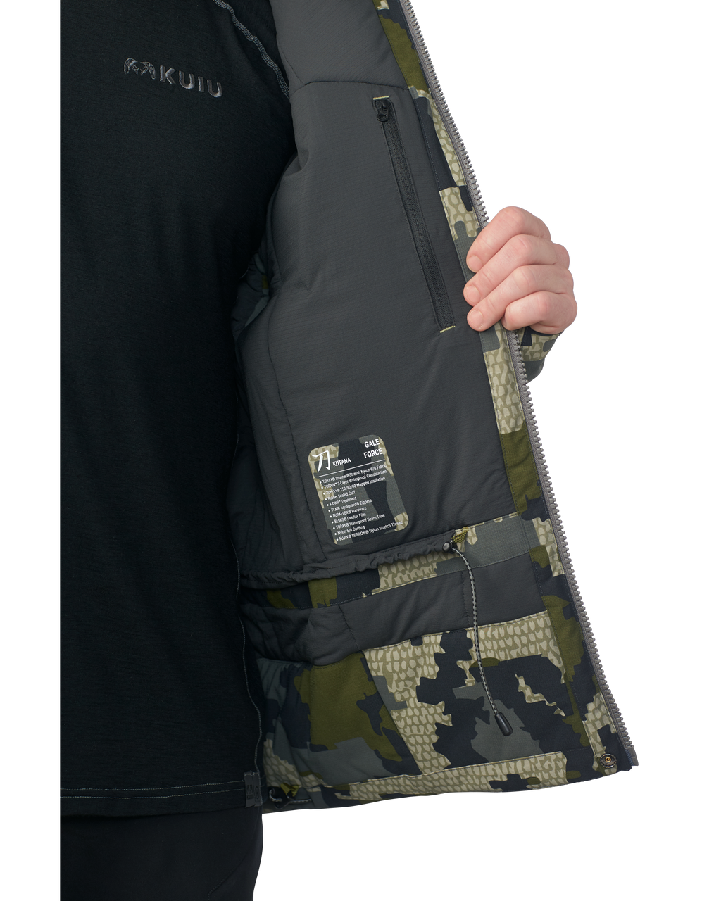 Inside panel of the Kutana Gale Force Hooded Jacket in Verde Camouflage