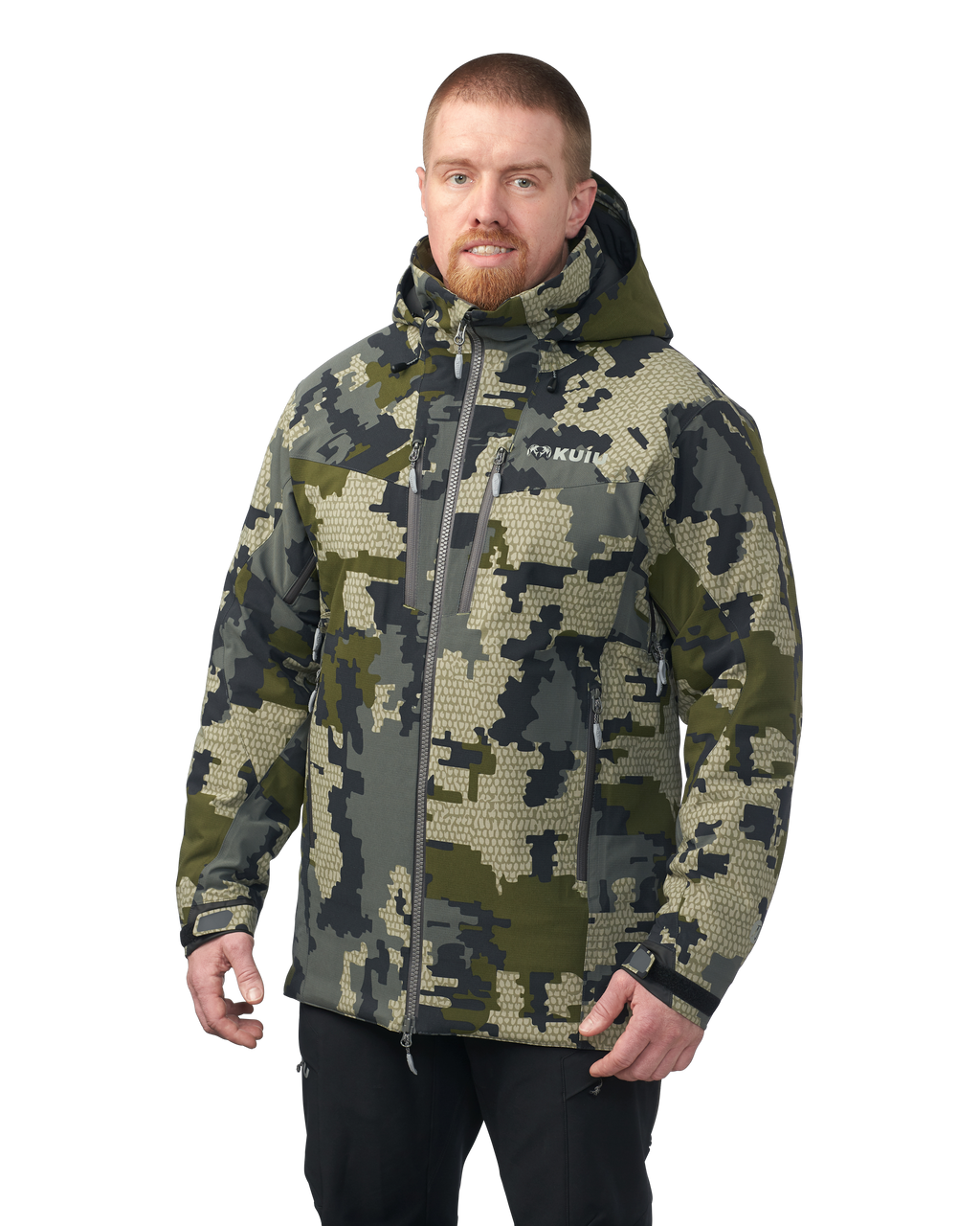 Front of Kutana Gale Force Hooded Jacket in Verde Camouflage