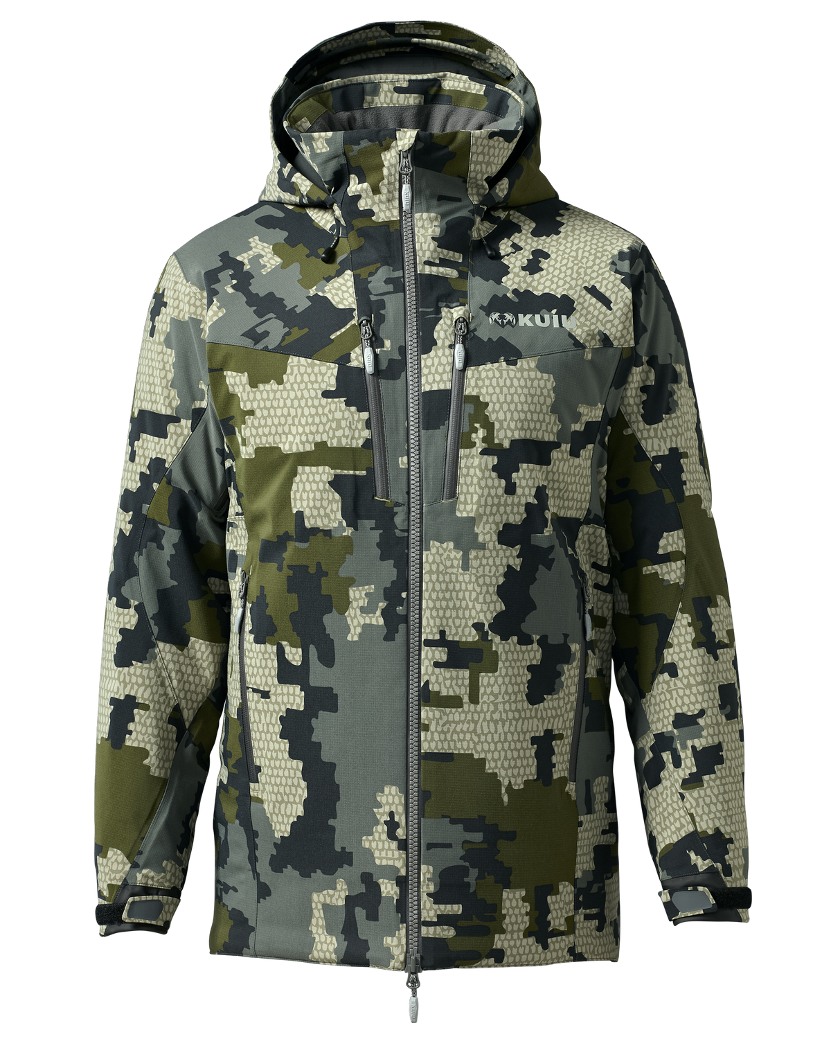 Front of Kutana Gale Force Hooded Jacket in Verde Camouflage
