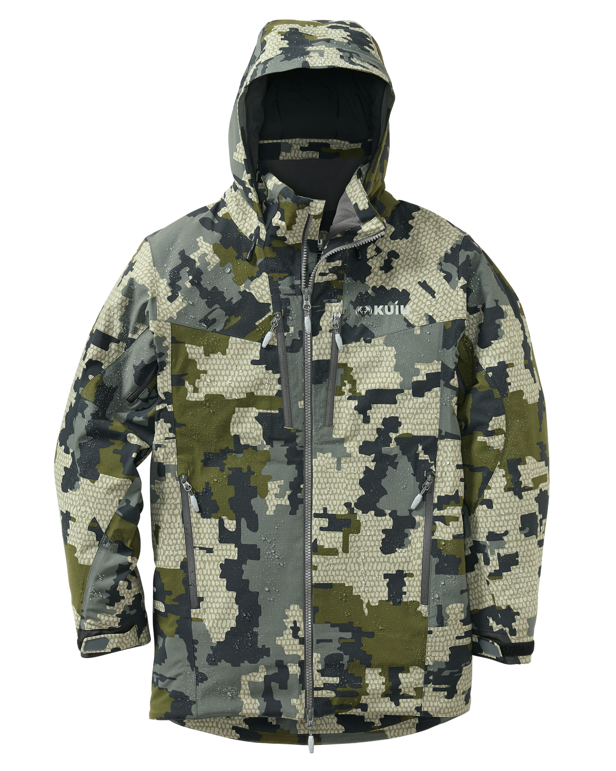 Front of Kutana Gale Force Hooded Jacket in Verde Camouflage