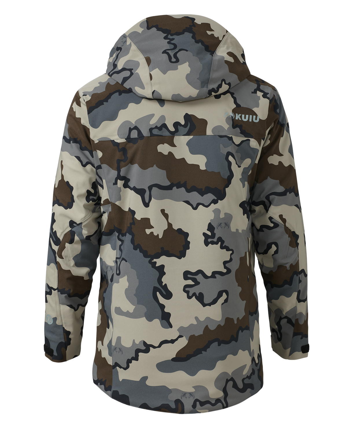 Back of KUIU Kutana Gale Force Hooded Jacket in Vias Camouflage