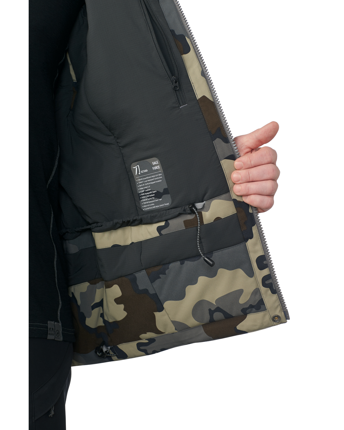 Inside panel of the Kutana Gale Force Hooded Jacket in Vias Camouflage