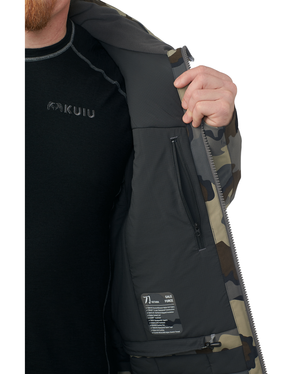 Inside panel of the Kutana Gale Force Hooded Jacket in Vias Camouflage with inside zipper open
