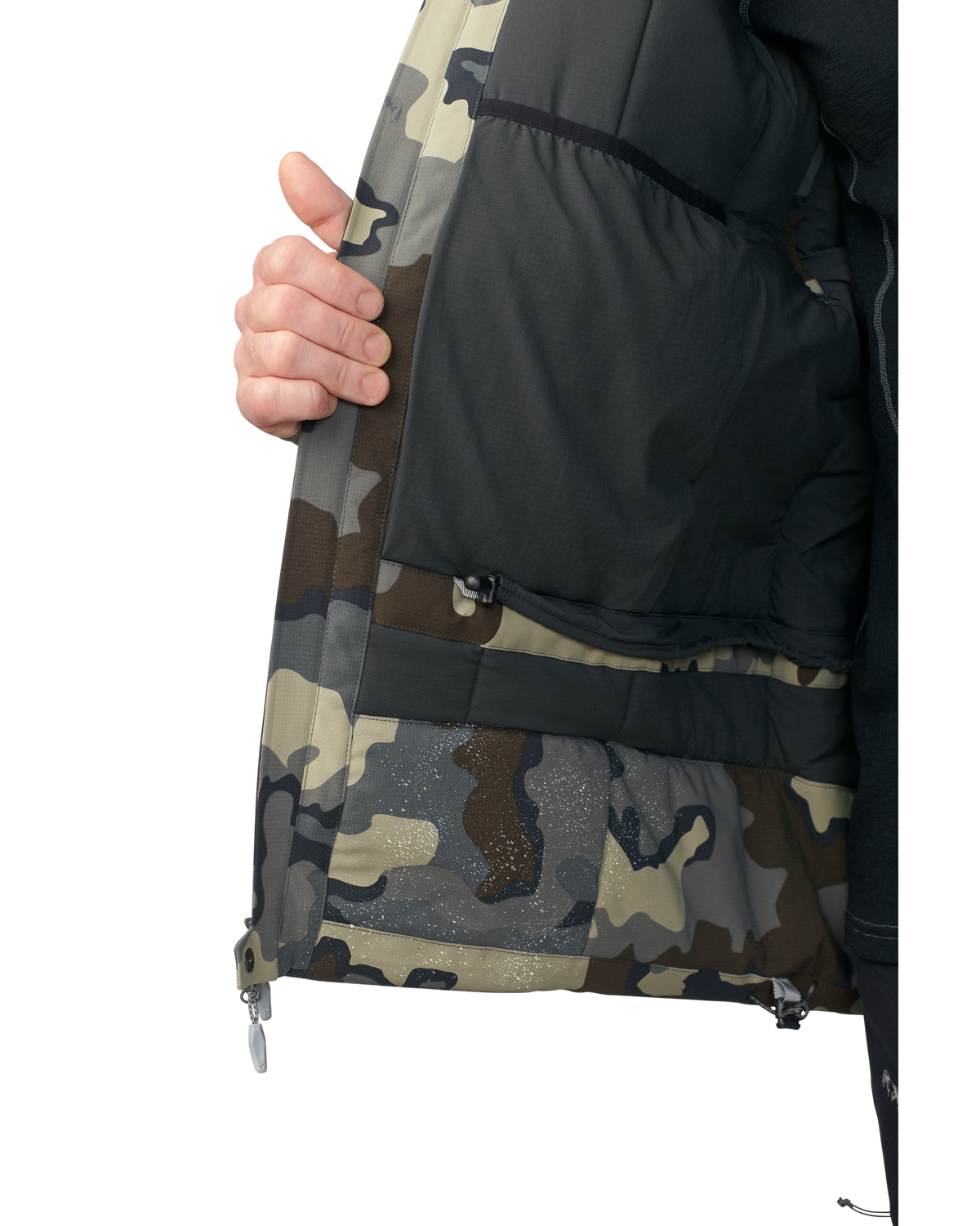 Inside panel of the Kutana Gale Force Hooded Jacket in Vias Camouflage