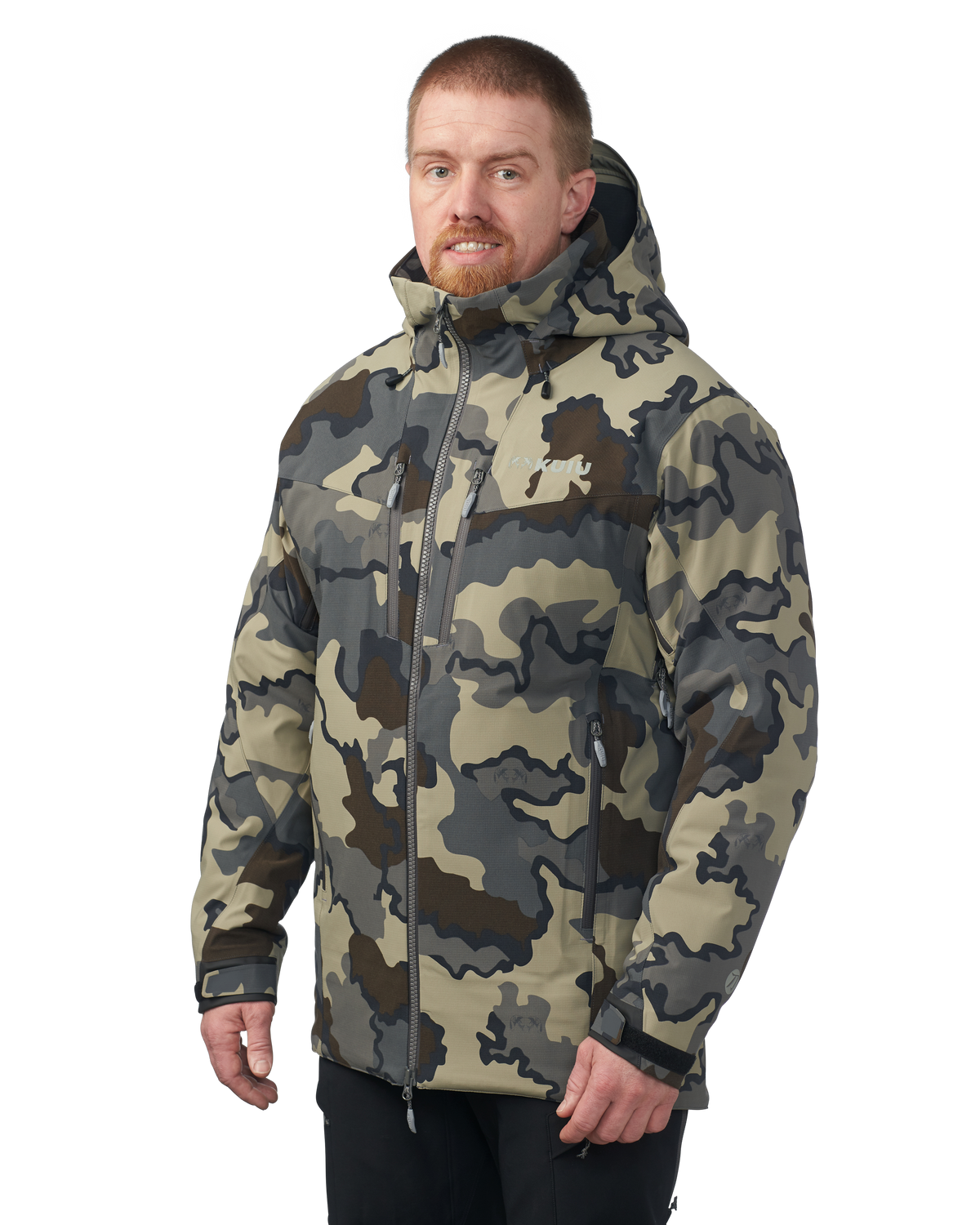 Front of Hunter wearing Kutana Gale Force Hooded Jacket in Vias Camouflage