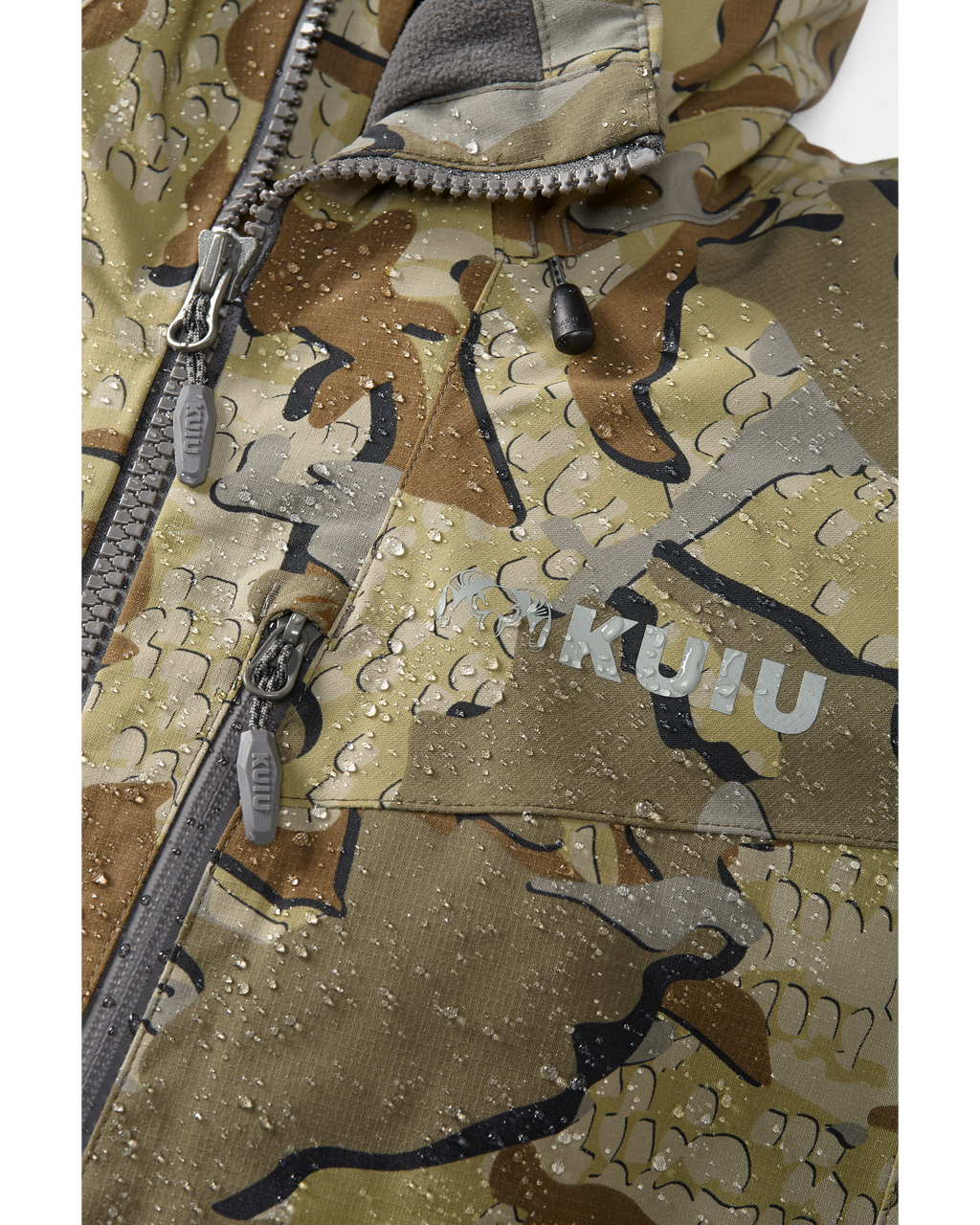 Front of Kutana Gale Force Hooded Jacket in Valo Camouflage showcasing water beading off