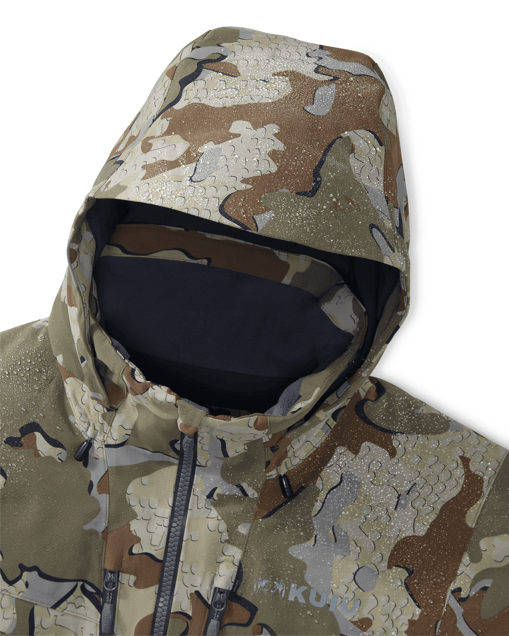 Close-up detail of the hood on the KUIU Kutana Gale Force Hooded Jacket in Valo Camouflage, Showcasing the jacket's DWR finish with water droplets 