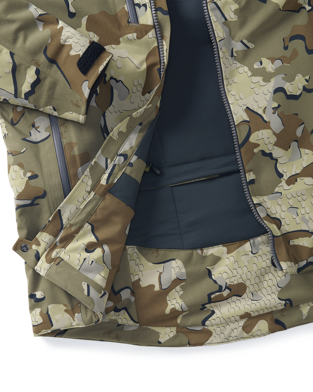 Close-up detail of interior lining on the Kutana Gale Force Hooded Jacket in Valo Camouflage