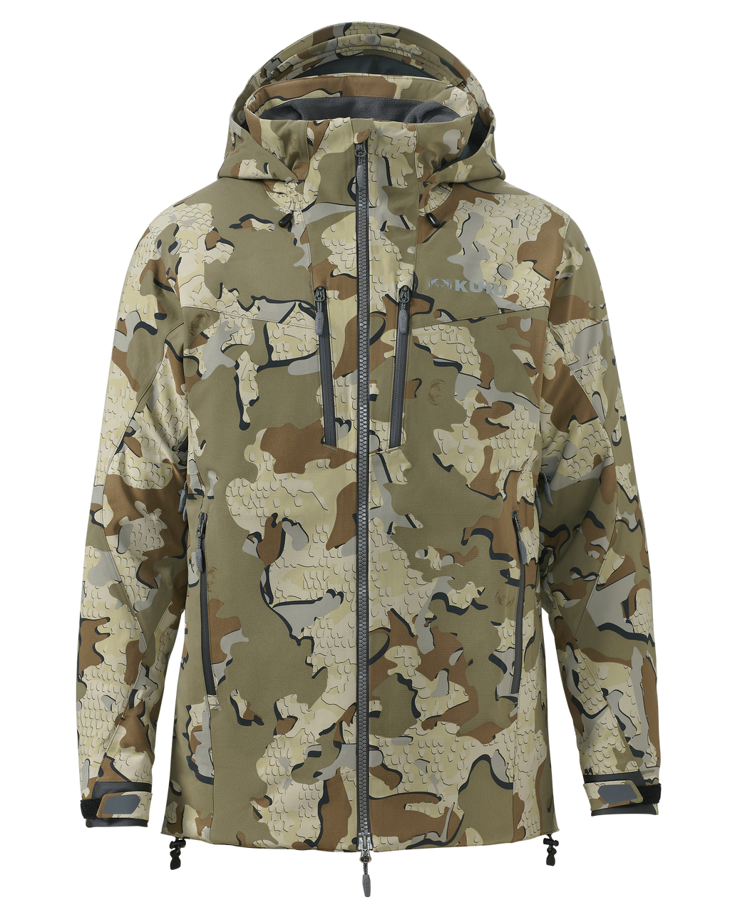 Front of KUIU Kutana Gale Force Hooded Jacket in Valo Camouflage