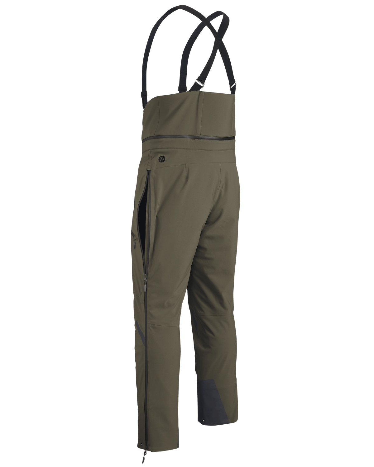 Back of KUIU Kutana Gale Force Pant in Ash Brown showing removable high-back waist belt and suspenders