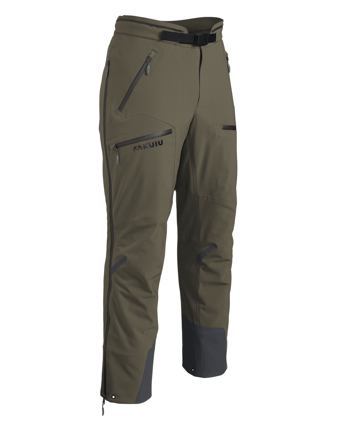 Front of KUIU Kutana Gale Force Pant in Ash Brown without suspenders