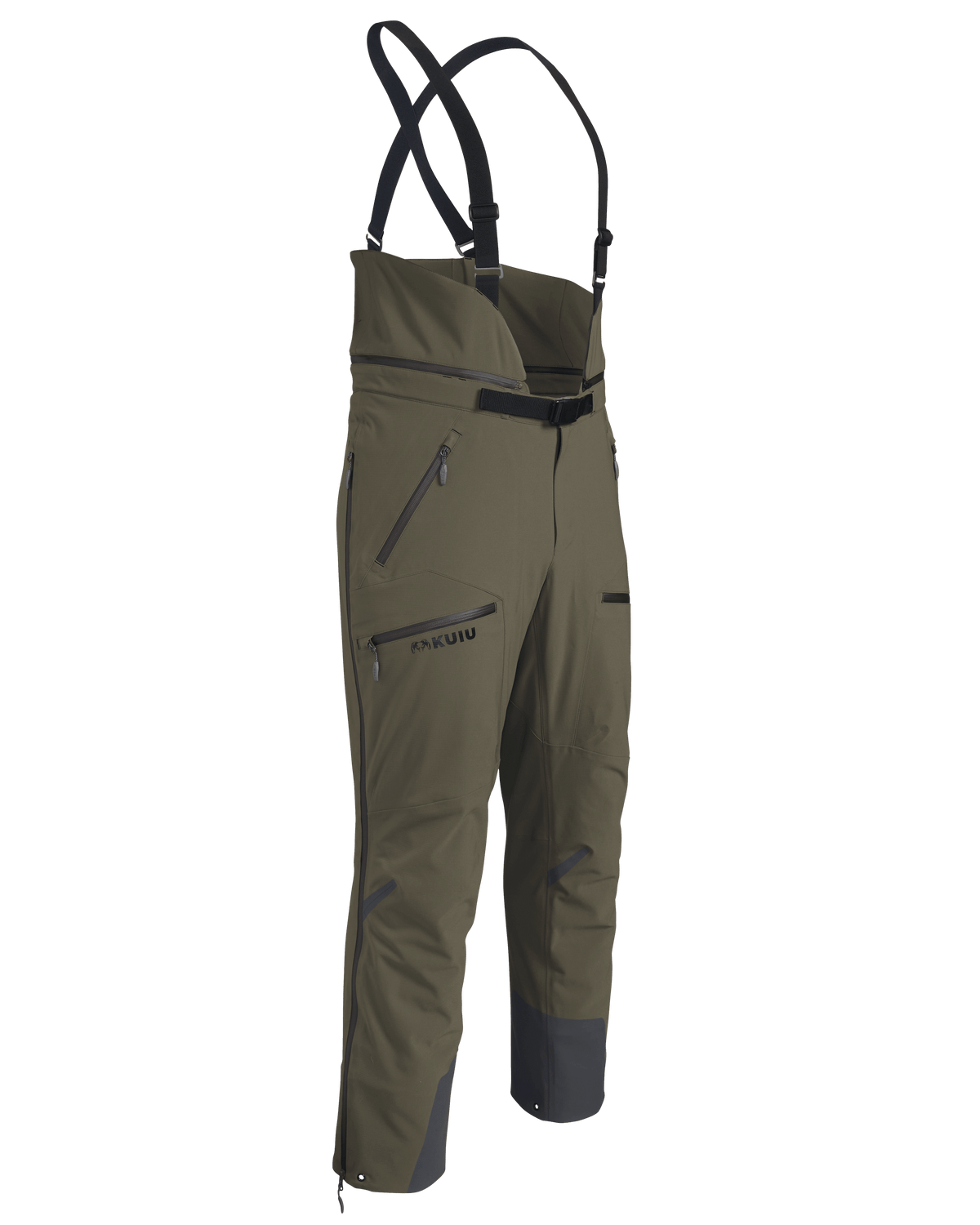 Front of KUIU Kutana Gale Force Pant in Ash Brown showing suspenders